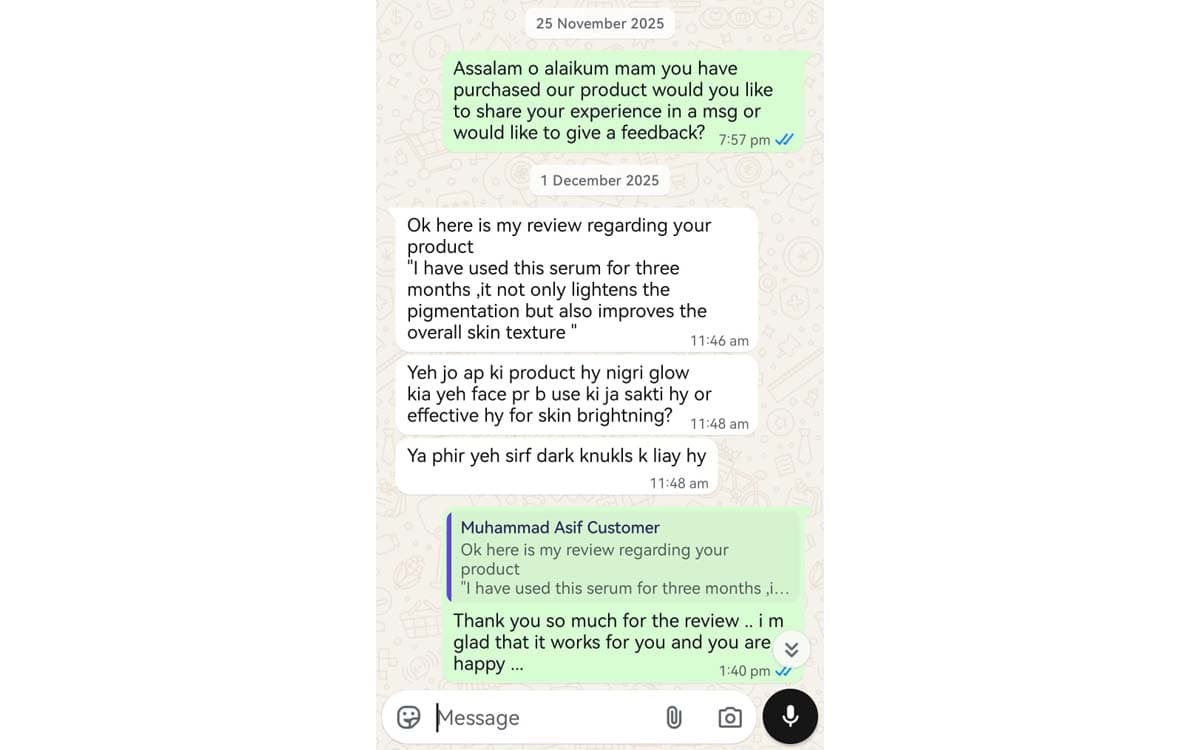 NigriGlow serum customer review — lightens pigmentation and improves skin texture after 3 months Pakistan