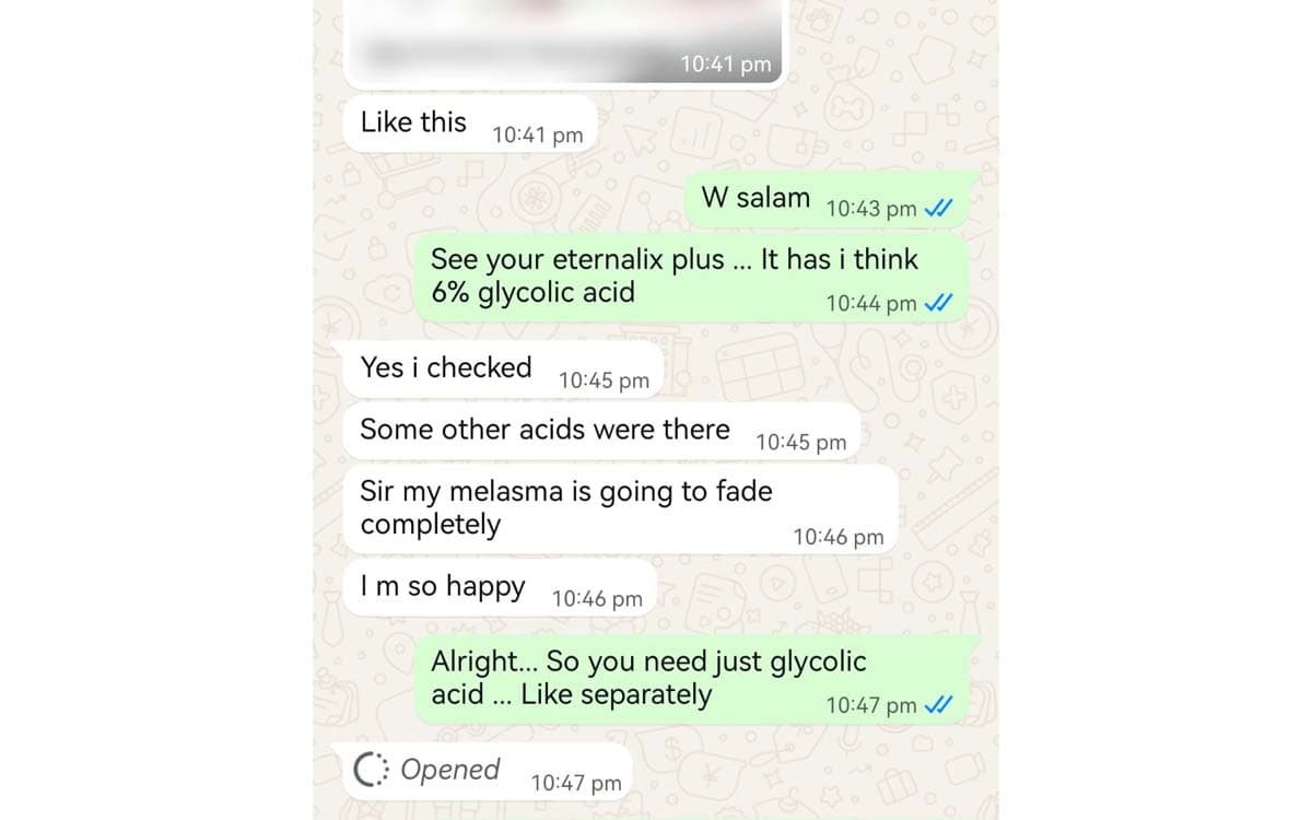 Eternalix Plus Anti Melasma Serum customer review — melasma fading significantly, 5 star rating Pakistan
